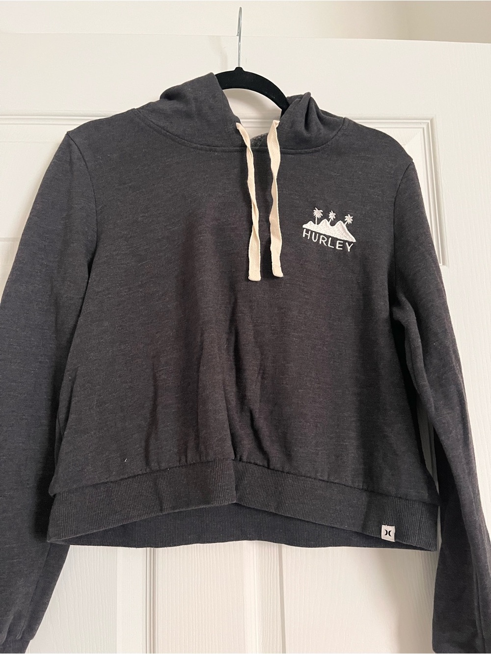 Hurley Dark Charcoal Cropped Pullover Hoodie with Cream Drawstrings
